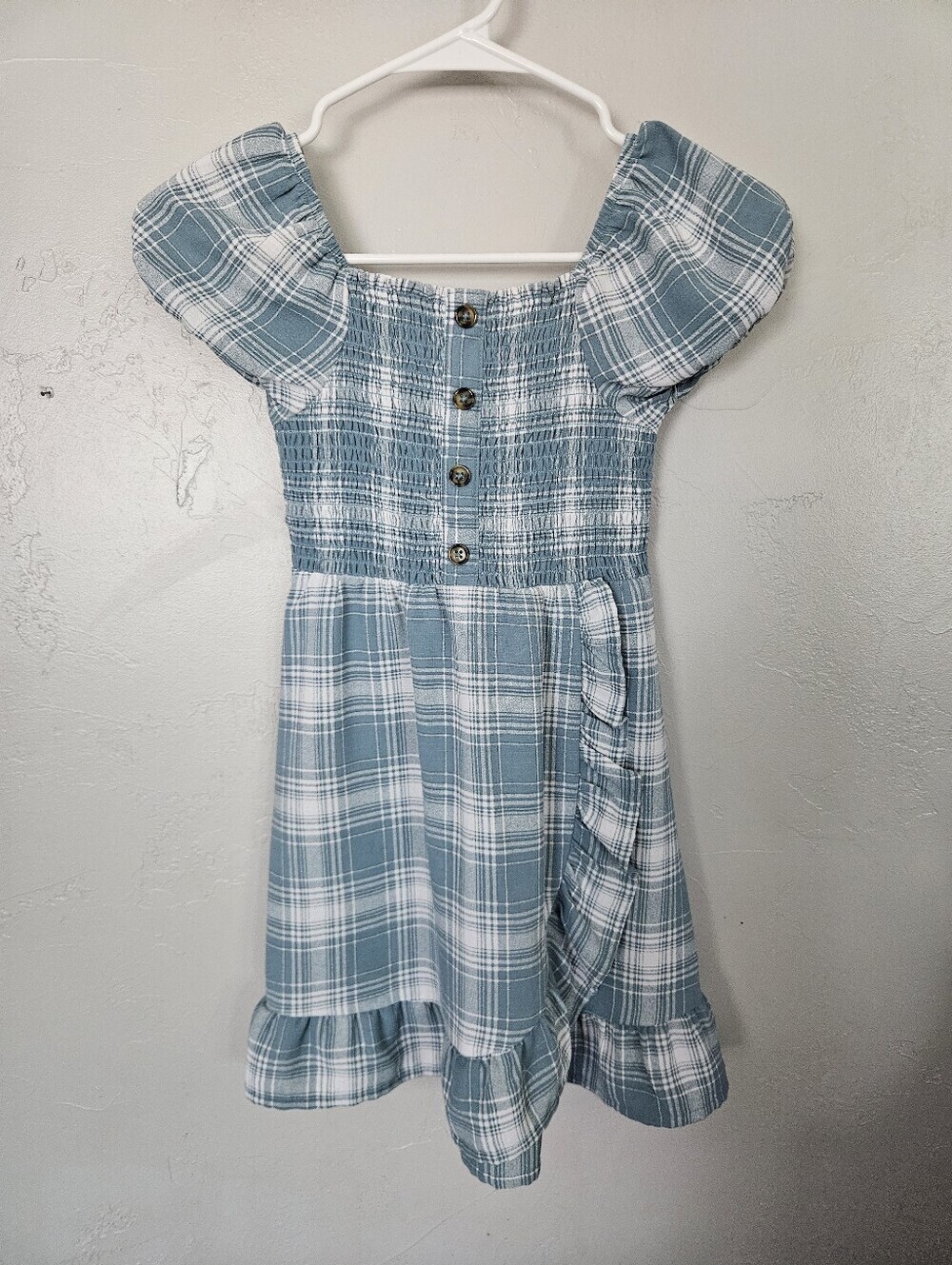 Blue Plaid Smocked Girls Dress Button Front Faux Wrap Small 6 Wonder Nation